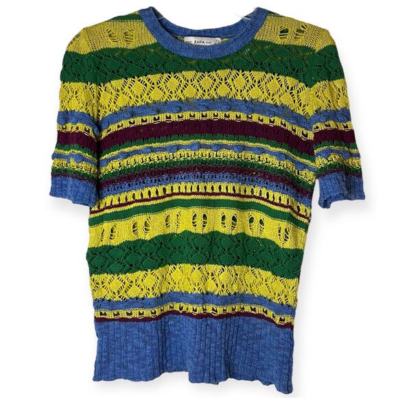Zara Knit Multicolor Striped Open Weave Short Sleeve Sweater Top Size Small - Picture 1 of 7